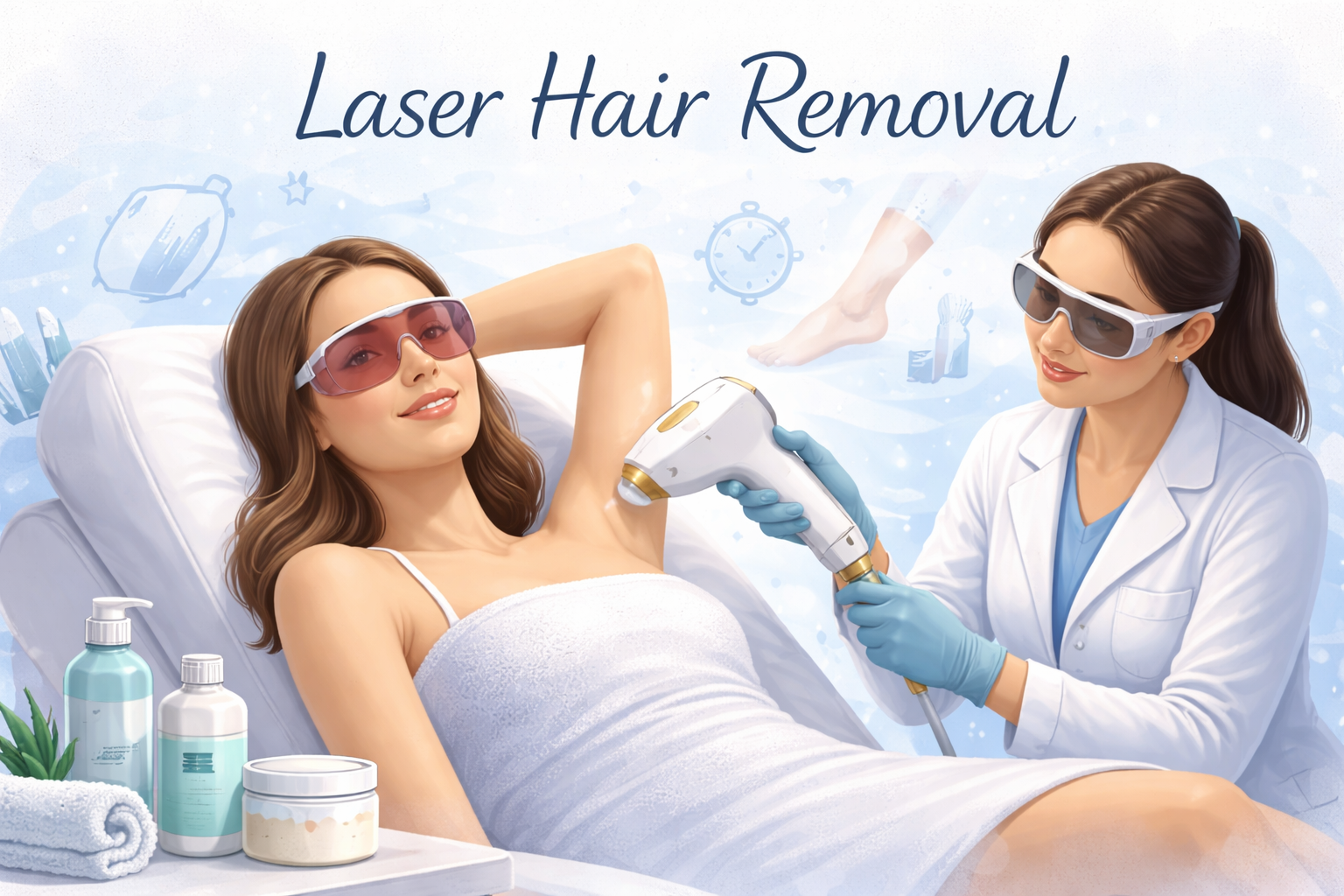 Laser hair removal treatment being performed by a professional technician in a modern clinic setting.